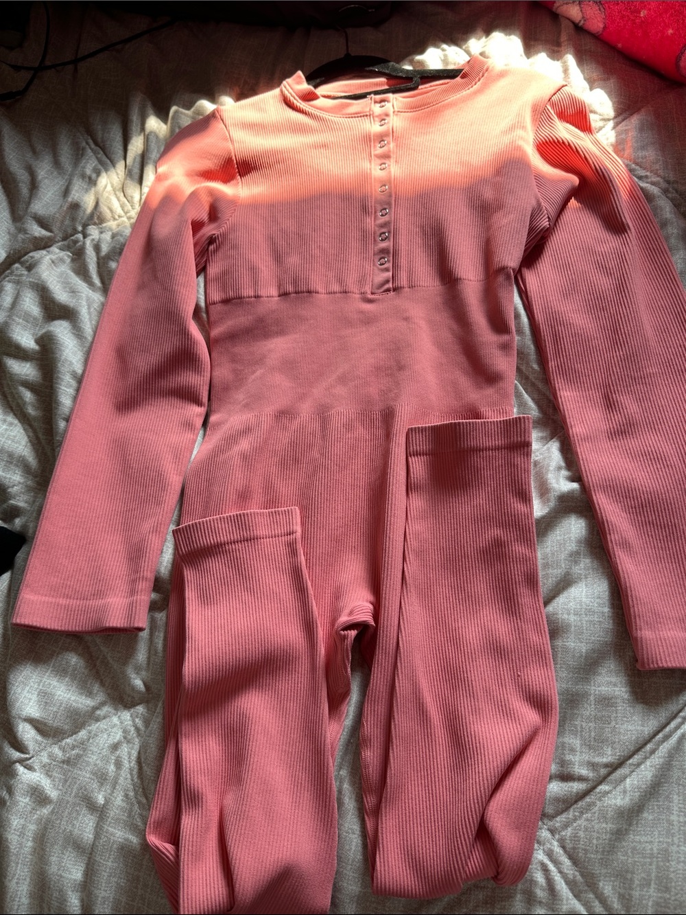 Women’s Ribbed Long-Sleeve One-Piece in Coral Pink